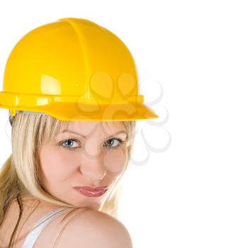Royalty Free Photo of a Woman Wearing a Yellow Hardhat 