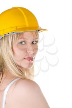 Royalty Free Photo of a Woman Wearing a Yellow Hardhat 

