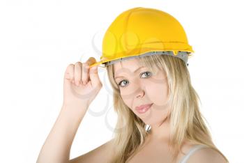 Royalty Free Photo of a Woman Wearing a Yellow Helmet