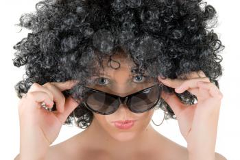 Royalty Free Photo of a Woman Wearing a Wig and Sunglasses