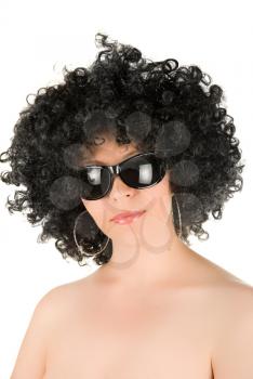 Royalty Free Photo of a Woman Wearing a Wig and Sunglasses 