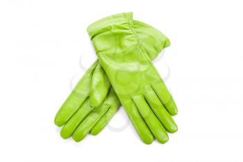 Green modern female leather gloves isolated on a white
