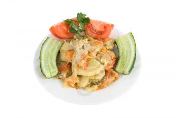 Healthy restaurant food: meat, potatoes, tomatoes and cucumbers on white