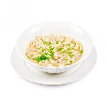Chicken noodle soup isolated on a white