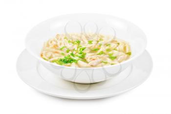 Chicken noodle soup isolated on a white
