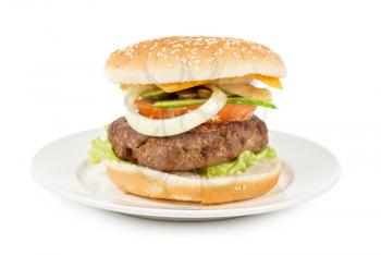 Delicious grilled burger on wheat buns isolated on a white