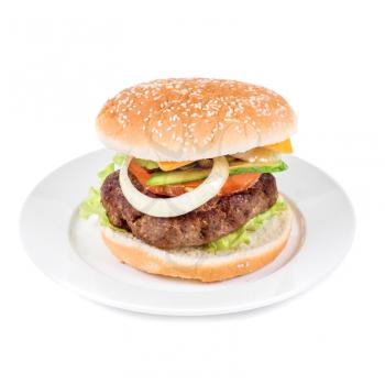 Delicious grilled burger on wheat buns isolated on a white