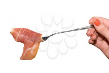 Royalty Free Photo of a Jamon Slice on a Fork