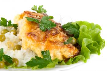 Royalty Free Photo of Chicken Baked With Pineapple and Cheese on Rice
