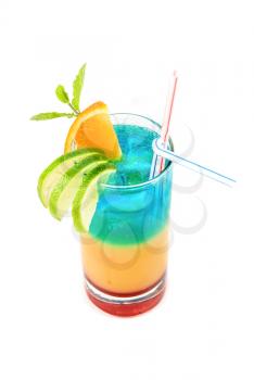 Alcoholic cocktail with lime, orange and mint decorated  isolated on white background

