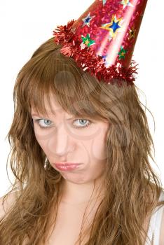 Royalty Free Photo of a Sad Woman Wearing a Party Hat