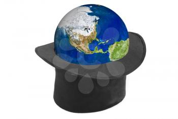 Black hat and earth planet isolated on a white background