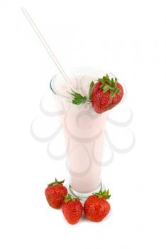 strawberry milkshakes and strawberries isolated on white