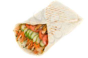 Doner kebab closeup on a white background.