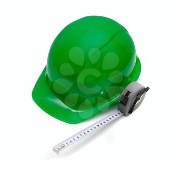 Royalty Free Photo of a Green Safety Helmet and Measuring Tape
