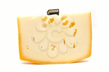 Cheese with flash memory card on white background