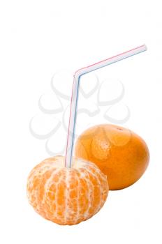A mandarin fruit with pipe on white background