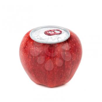 red ripe apple with metallic can isolated on white background
