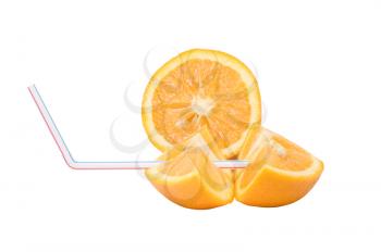 Juicy oranges with cocktail pipe isolated on white