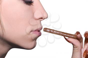 Royalty Free Photo of a Woman About to Eat Chocolate