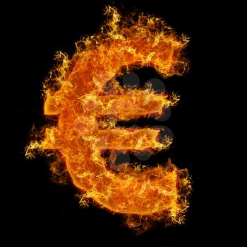 Fire euro sign on a black background