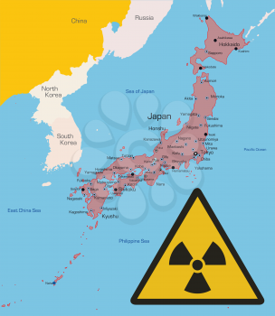 vector color map of Japan country with radiation sign. Data sourse: nasa web site.