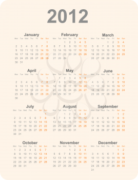 2012 year calendar vector illustration. Dark letters on a light orange background.