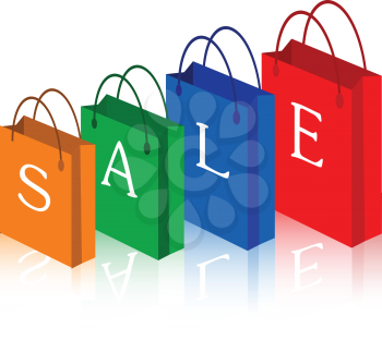 Vector illustration of red, green, blue and orange sale shopping bags.