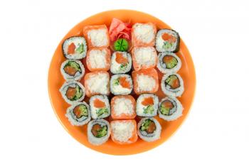 Closeup japanese sushi. Top view on a white