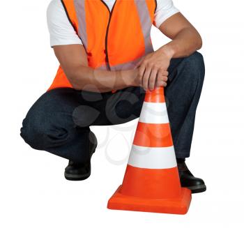 road worker closeup with orange posts isolated on a white