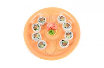 sushi at orange plate isolated on a white background