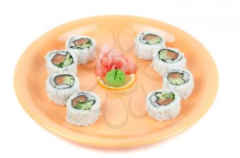 sushi at orange plate isolated on a white background
