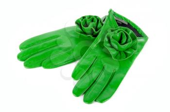green modern female leather rose gloves isolated on a white