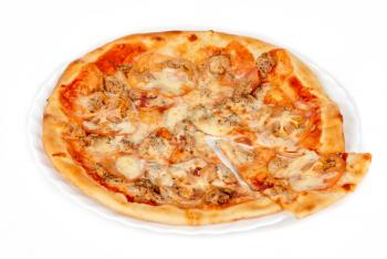 pizza closeup with chicken fillet, tomato and mozzarella cheese