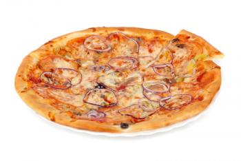vegetable pizza closeup with tomato, Bulgarian pepper, onion, olive, champignons and mozzarella cheese
