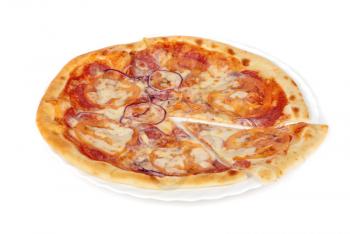 pizza closeup with salami, tomato, onion and mozzarella cheese