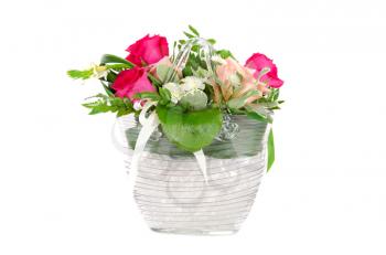 Bunch of roses in a vase isolated on white background