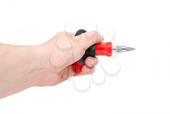 Hand with  red screwdriver isolated on a white background