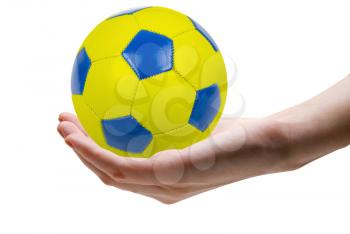 blue and yellow ball at hand on white