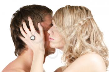 Kissing man and woman - lovers closeup portraits