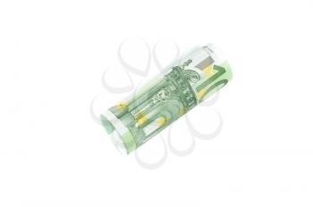 Roll of one hundred euro banknotes on the white background