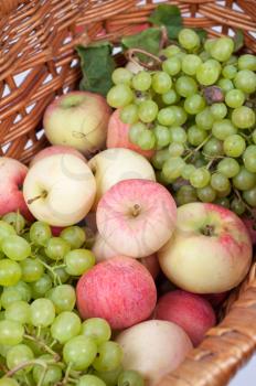 apples and grapes in a basket just harvest