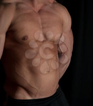 Muscular male torso of bodybuilder on white background