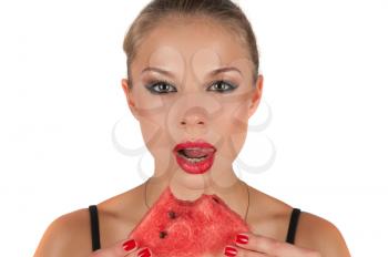 beautiful young woman eat juicy watermelon over white