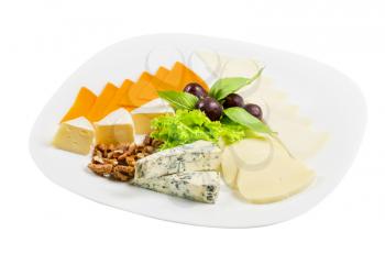 cheese with lettuce, grapes and nuts on white