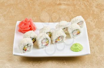 sushi roll of shrimp, cucumber, pepper and sauce