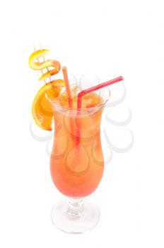 Orange cocktail with two tubes, peach, and orange decorated with dollar sign