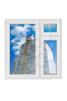 Plastic window with building on white background