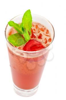 fresh cold tea with strawberry and ice on white