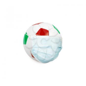 Soccer ball in italian colors with mask isolated on a white background. Virus threatened championship concept